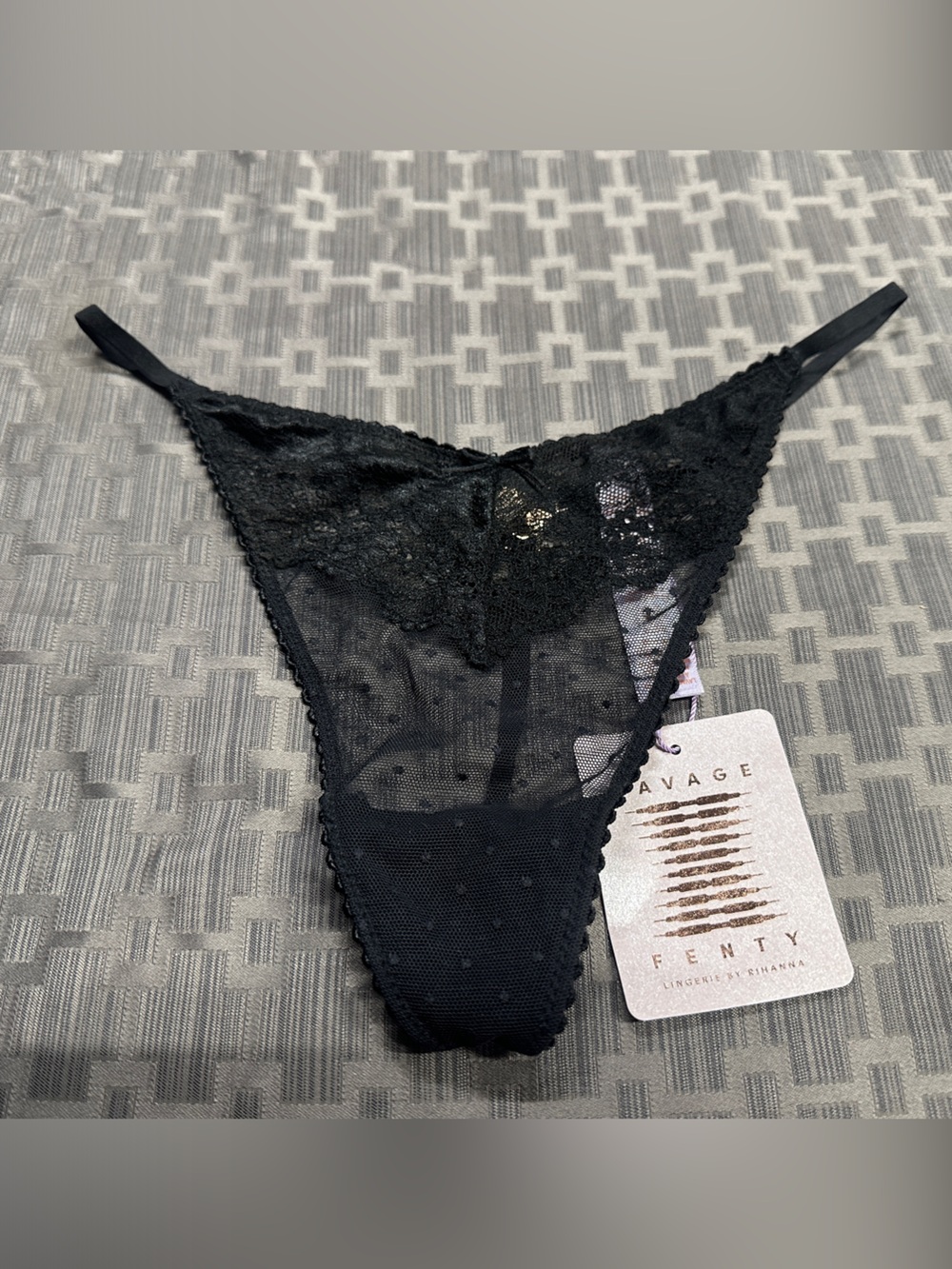 Savage X Fenty Black Sheer Lace Thong Panty